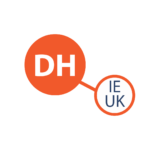 An orange circle with DH inside connected by an orange line to a white circle with UK-IE inside.