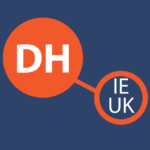 An orange circle with DH inside connected by an orange line to a white circle with UK-IE inside.