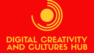 The Digital Creativity and Cultures Hub logo. A red background with a yellow circle, boarded by 3 concentric half circles. Underneath, in the same yellow colour, the text reads "Digital Creativity and Cultures Hub". 