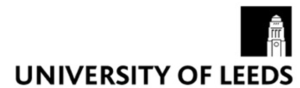 University of Leeds logo featuring a white background. The words 'University of Leeds' in all caps in black and then to the right-hand-side a black square with a white stencil of a long tower. 